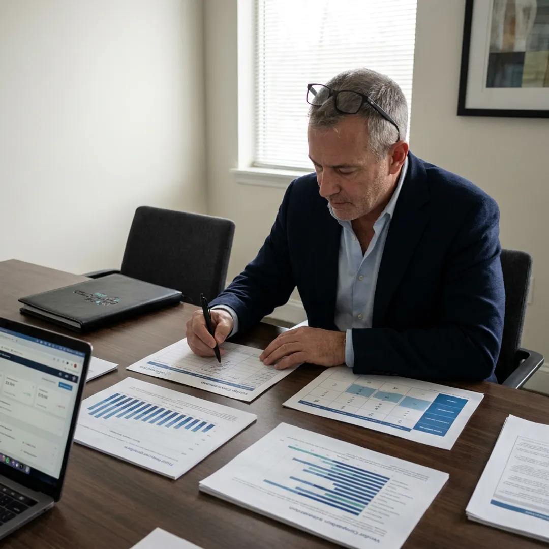 Consultant reviewing outbound call center vendor options