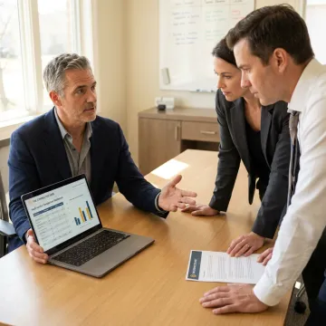 Consultant reviewing call center strategy with business leaders