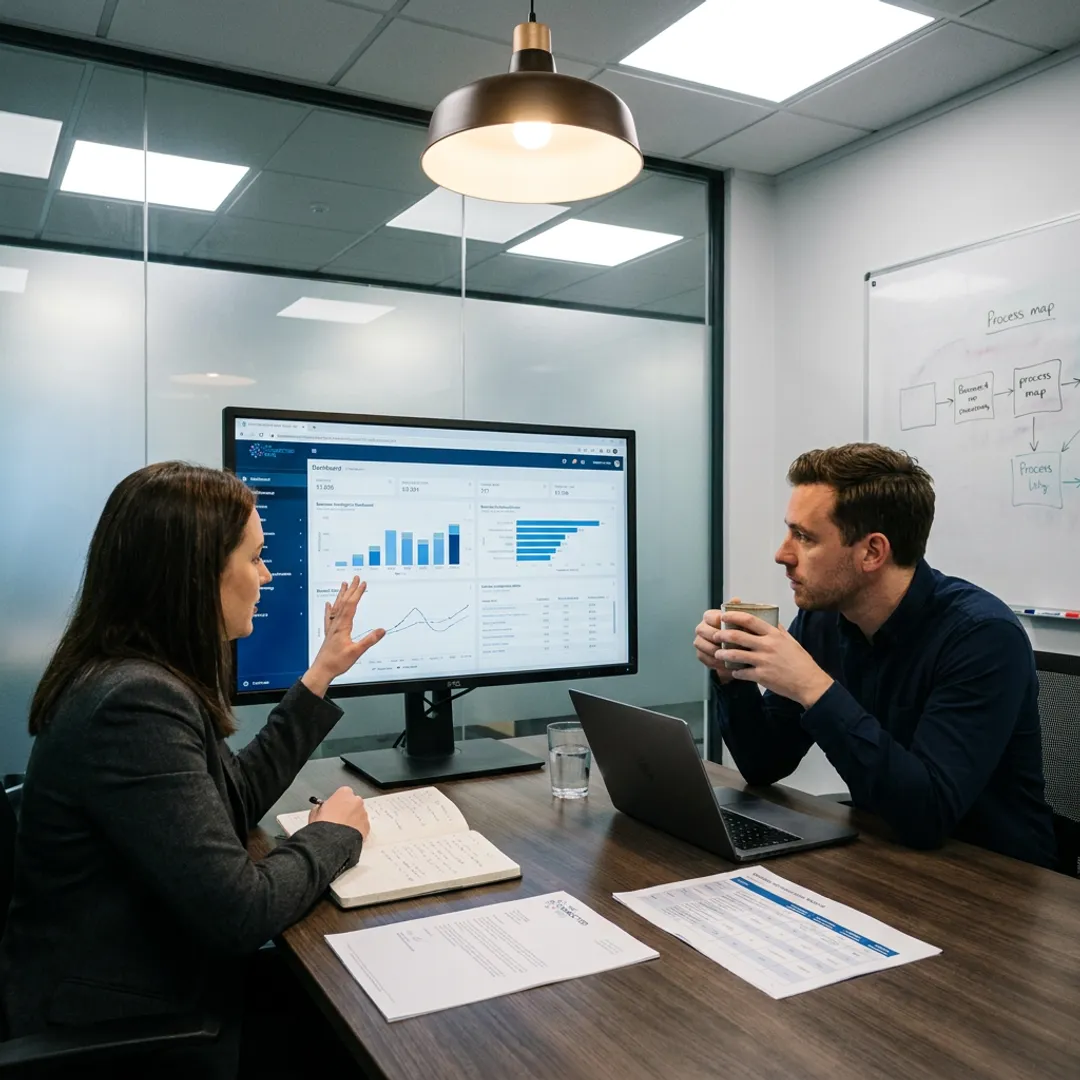 Consultants reviewing contact center workflow and technology dashboards