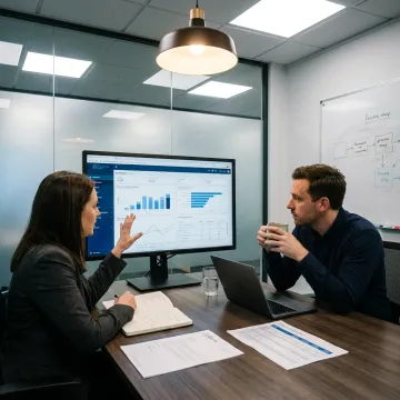 Consultants reviewing contact center workflow and technology dashboards