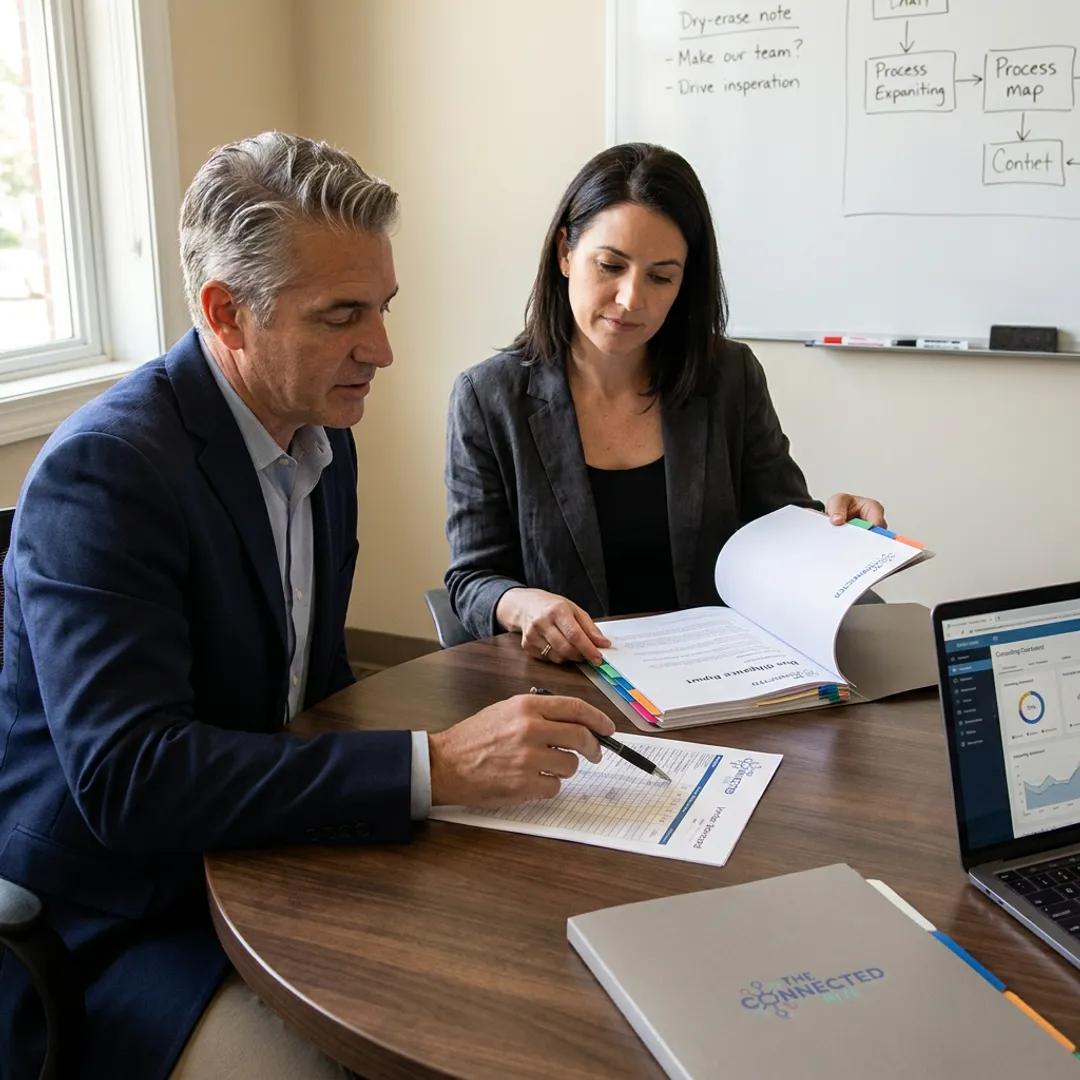 Consultants reviewing operational due diligence findings