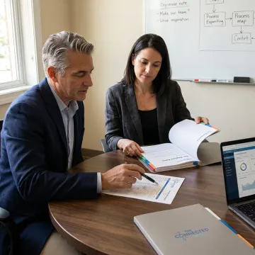 Consultants reviewing operational due diligence findings