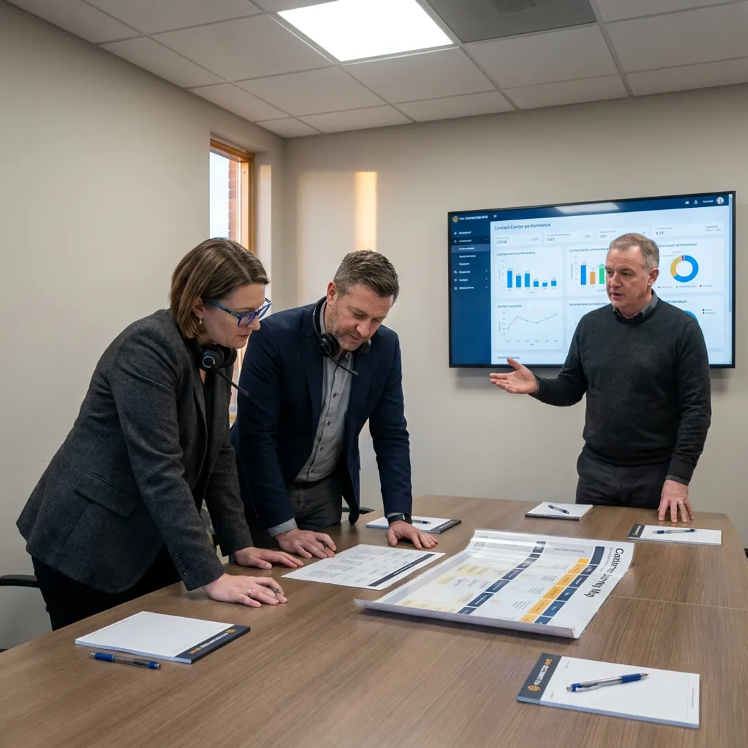Customer service consulting team reviewing contact center strategy