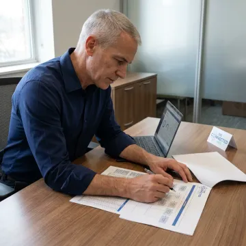 Consultant reviewing call center outsourcing plans
