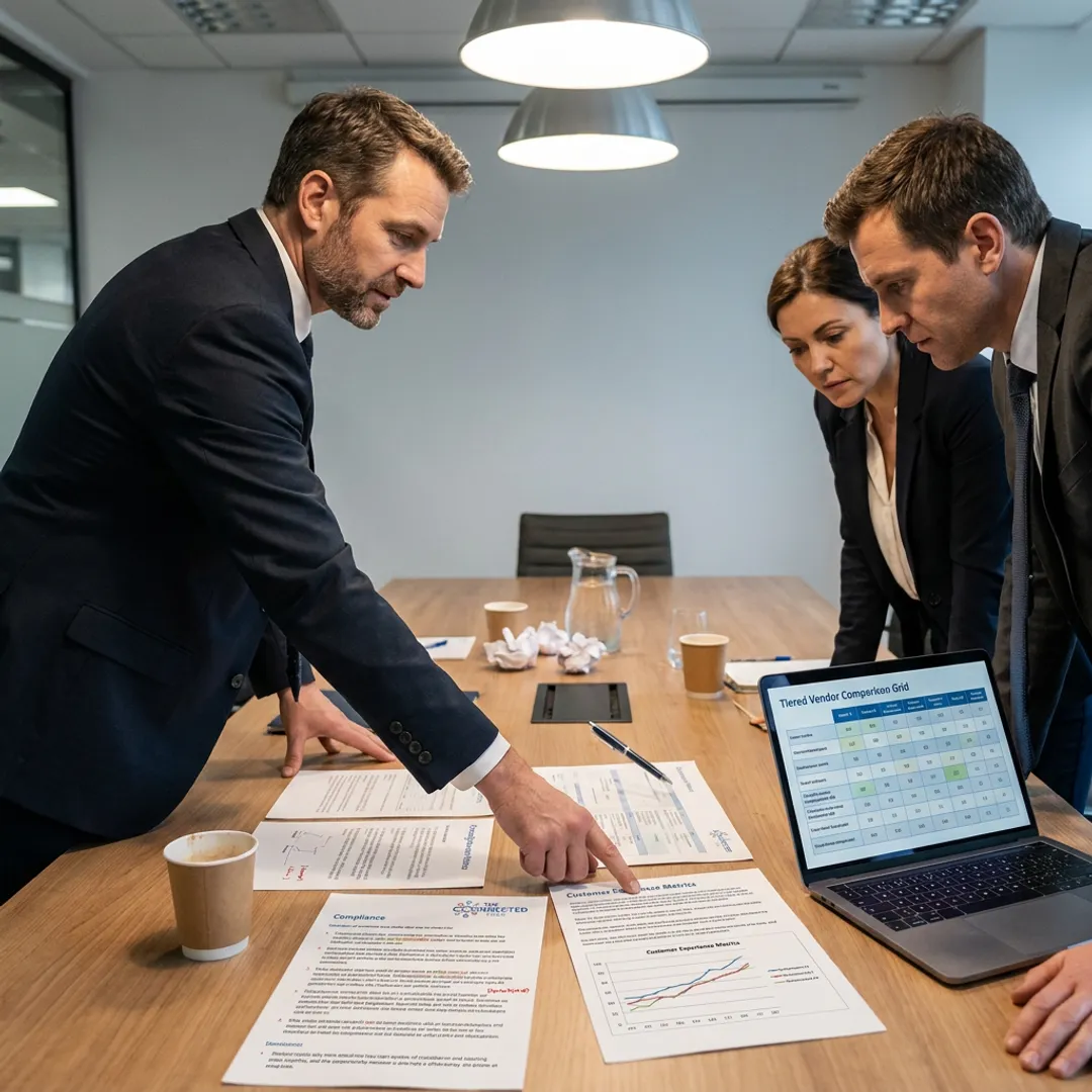 Consultant reviewing BPO partner options with executives