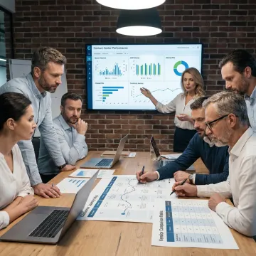 Consultants reviewing contact center performance strategy