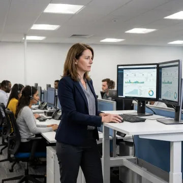 Outsourcing consultant reviewing call center performance data
