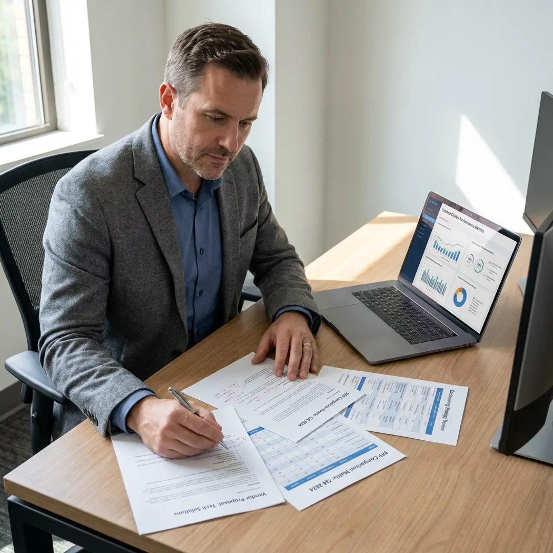 Consultant reviewing contact center outsourcing options