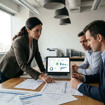 Consultant reviewing insurance contact center outsourcing plan