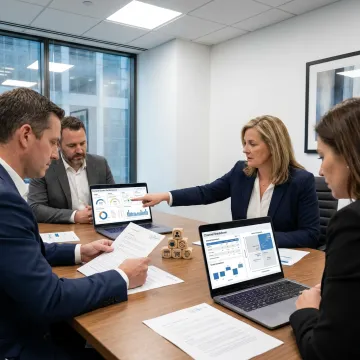 Consultant reviewing call center performance dashboards