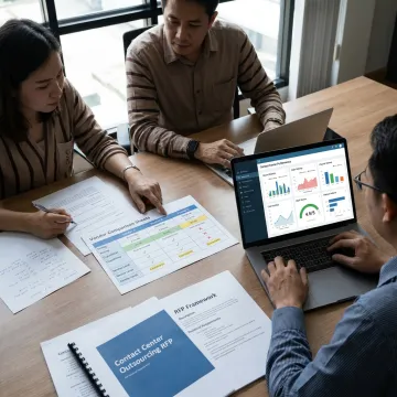 Consultants reviewing call center outsourcing plans
