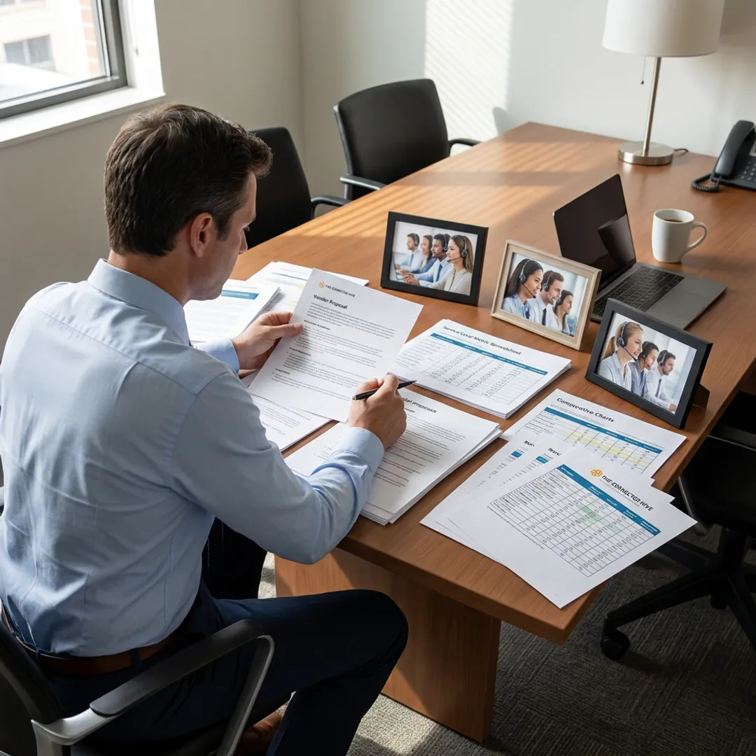 Consultant reviewing call center vendor options