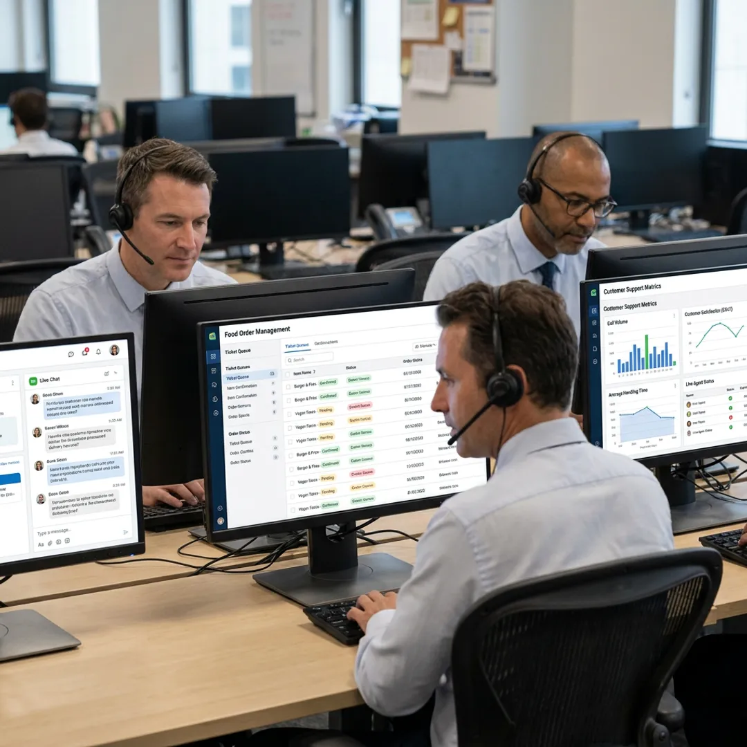 Restaurant call center agents managing customer orders
