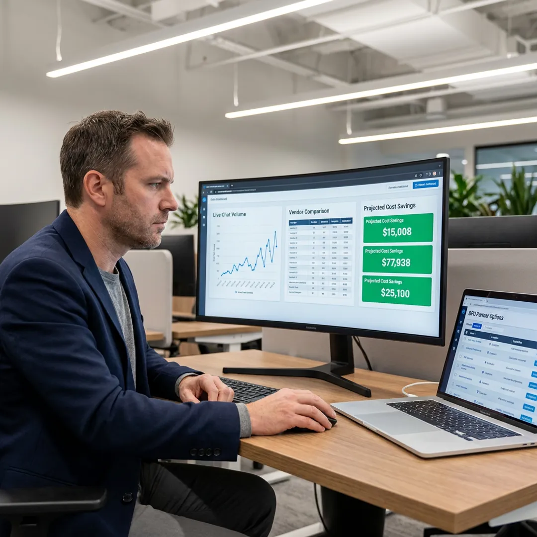 Consultant reviewing live chat outsourcing strategy