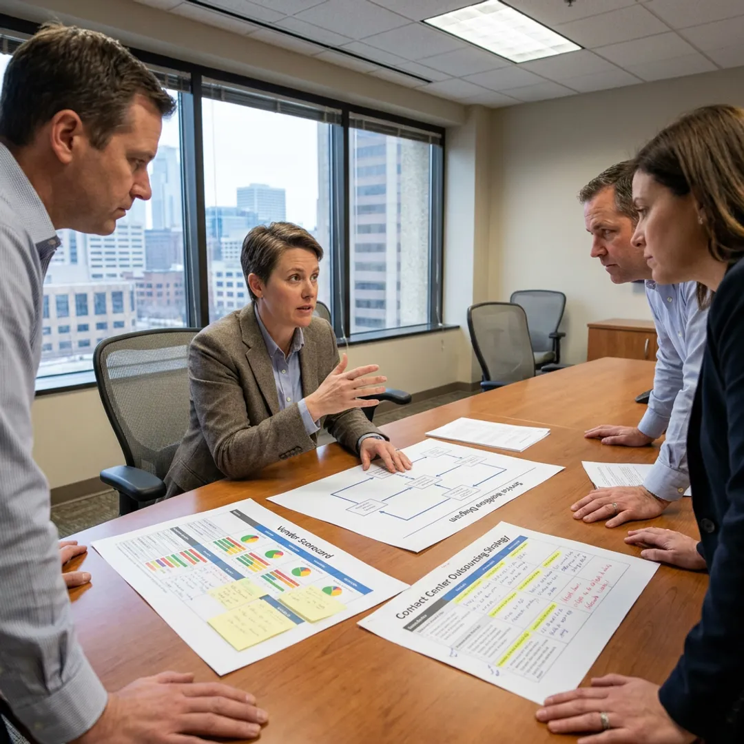 Consultant reviewing contact center outsourcing process with business team