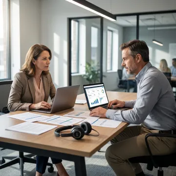 Consultants reviewing contact center outsourcing workflow