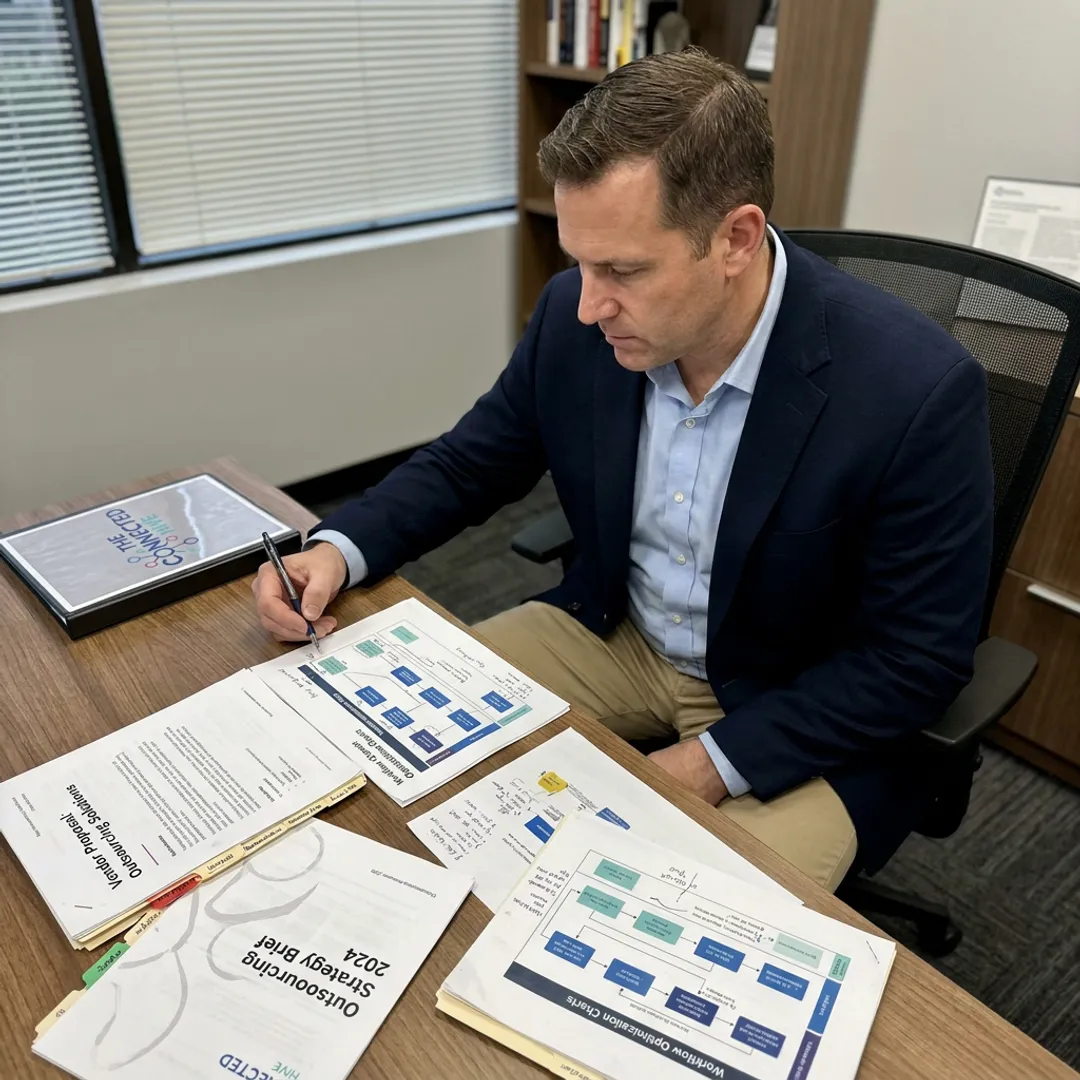 Consultant reviewing outsourcing workflow strategy