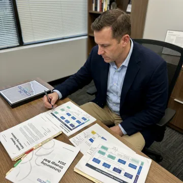 Consultant reviewing outsourcing workflow strategy