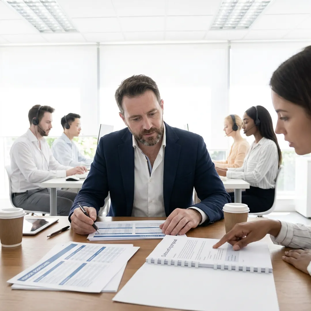 Consultant reviewing contact center outsourcing plan
