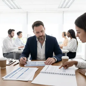 Consultant reviewing contact center outsourcing plan