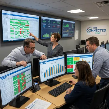 Contact center workforce management team reviewing live dashboards