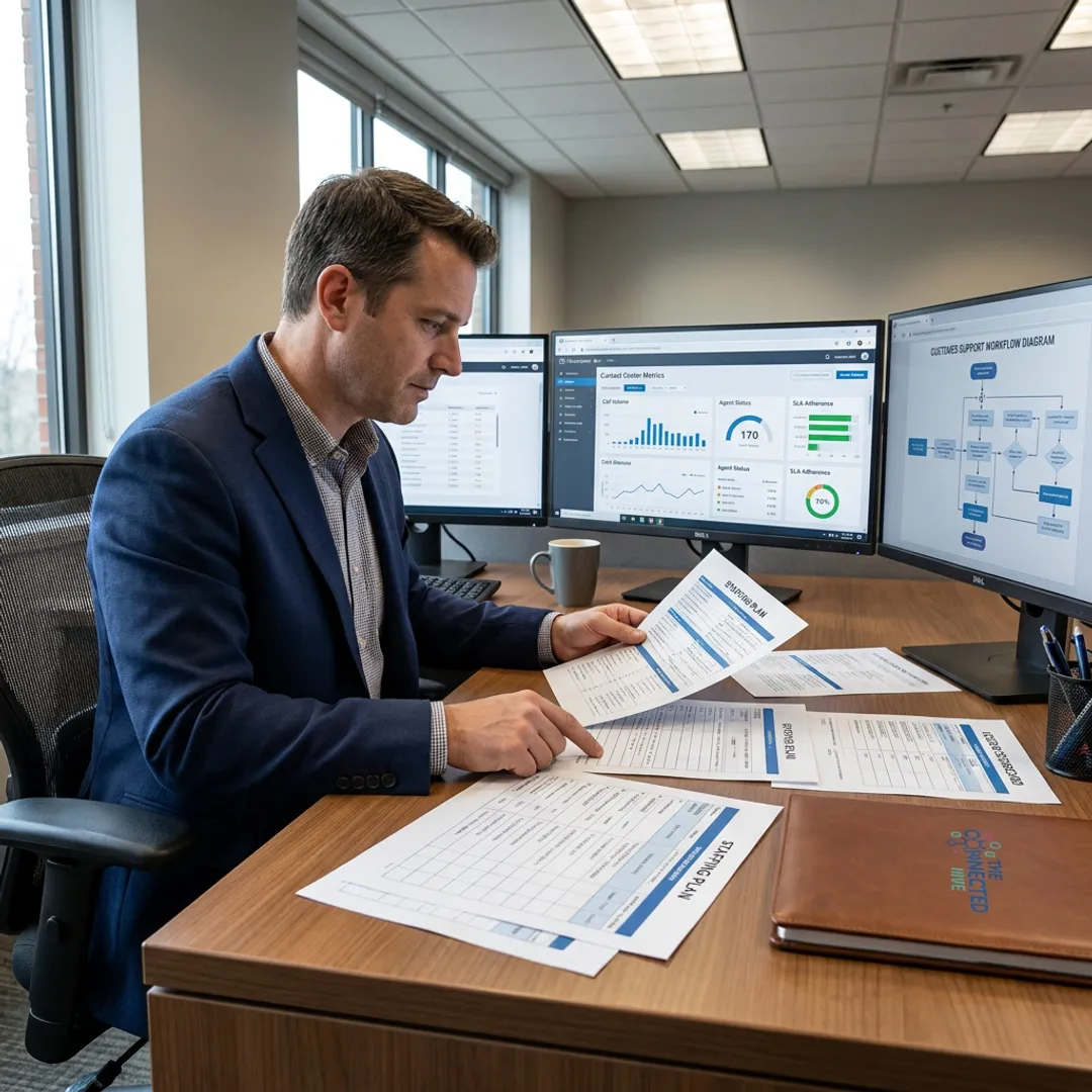 Consultant reviewing contact center outsourcing strategy