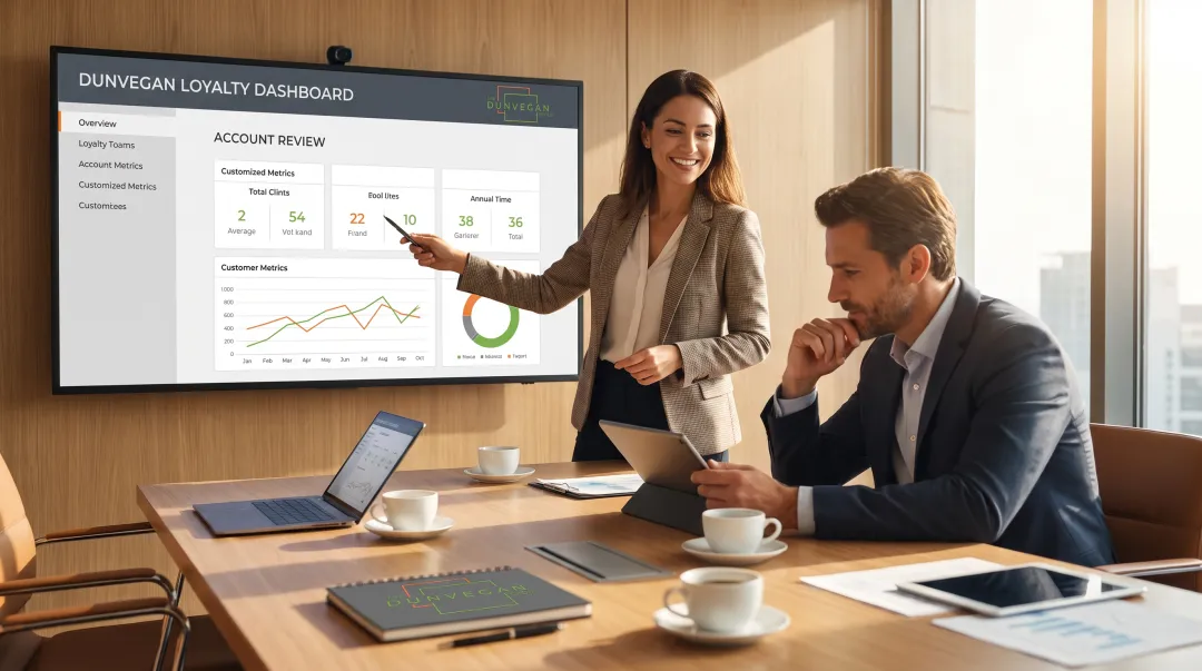 B2B client account manager presenting personalized loyalty rewards during strategic review