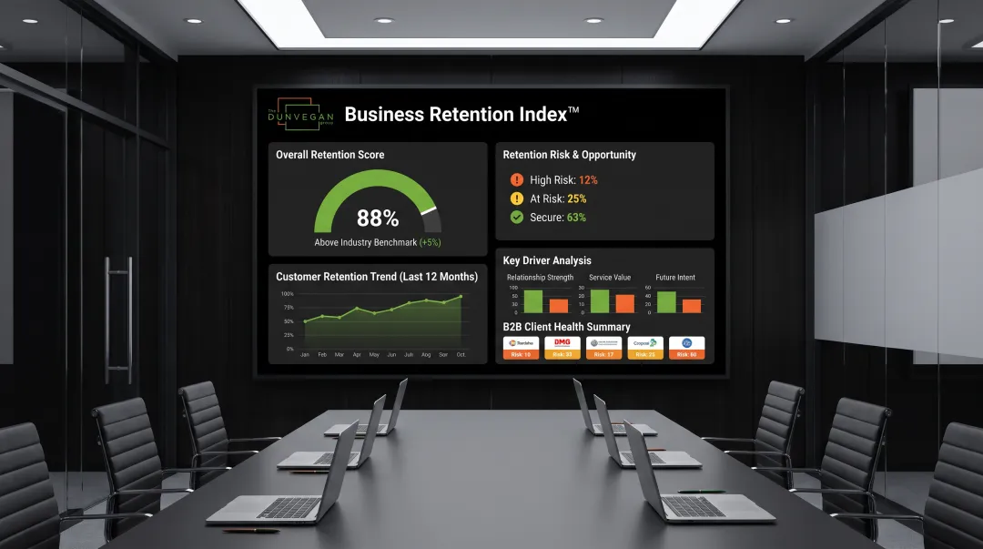 Dunvegan Group Business Retention Index dashboard displaying customer retention analytics