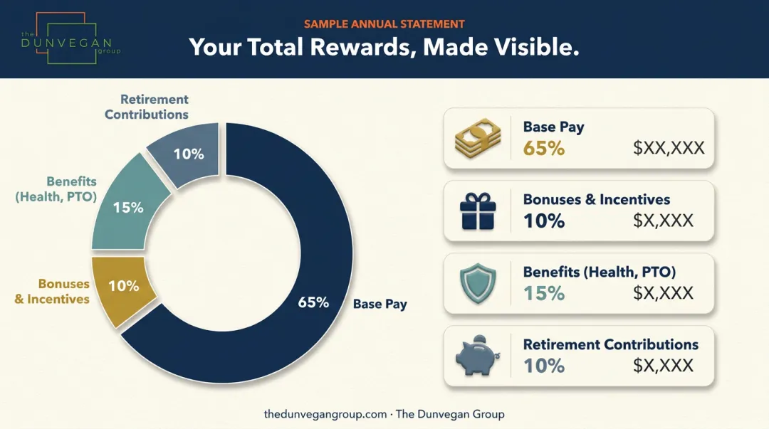 Total rewards statement breakdown showing pay bonuses benefits and retirement