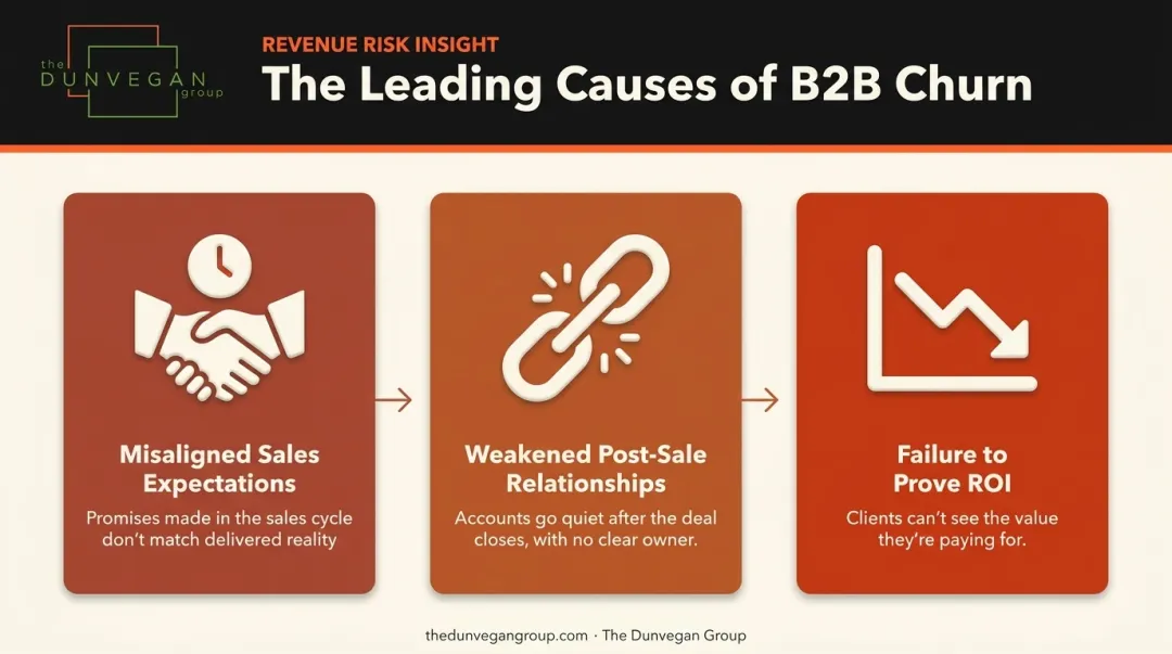 Three root causes of B2B customer churn diagram with icons