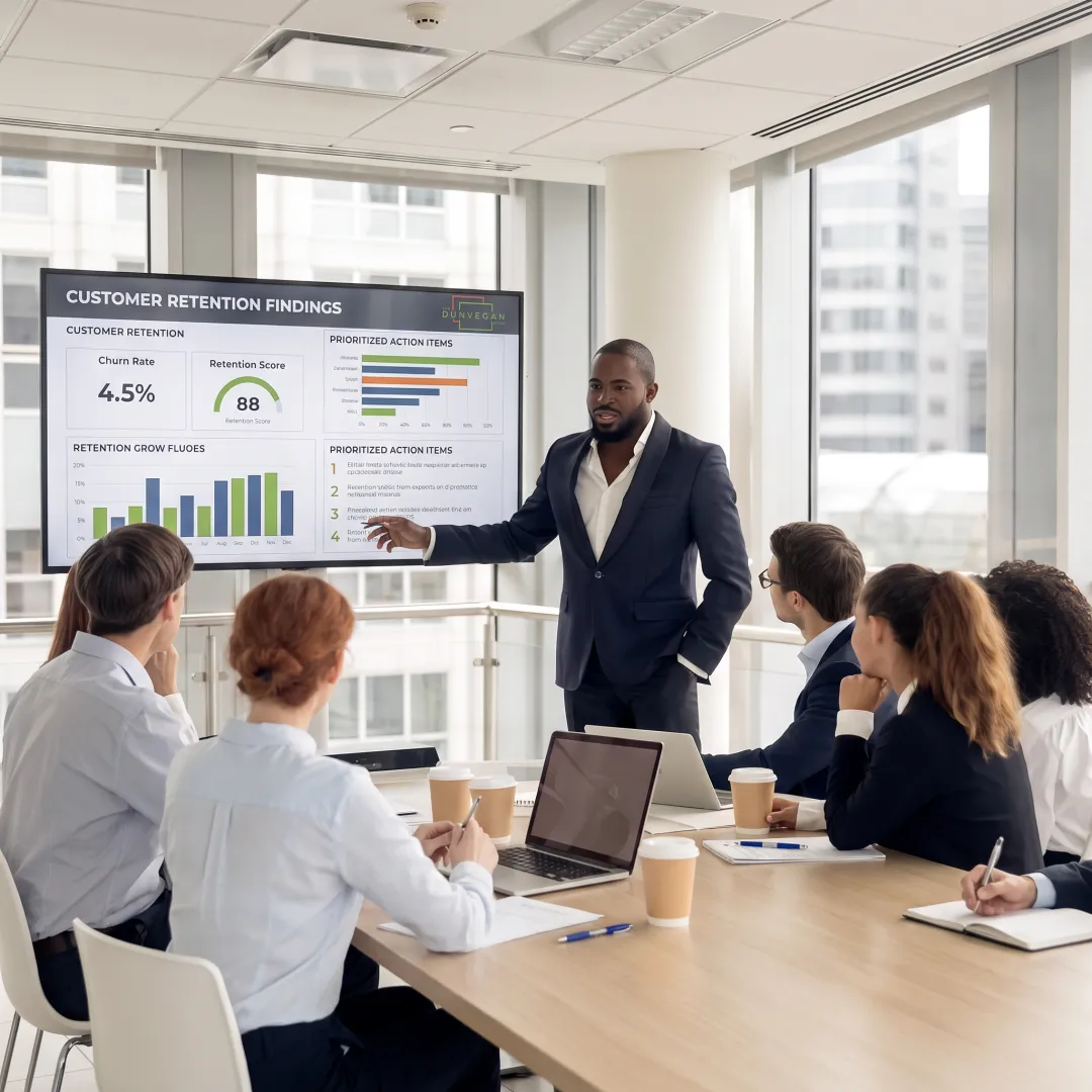 Consultant presenting customer retention findings