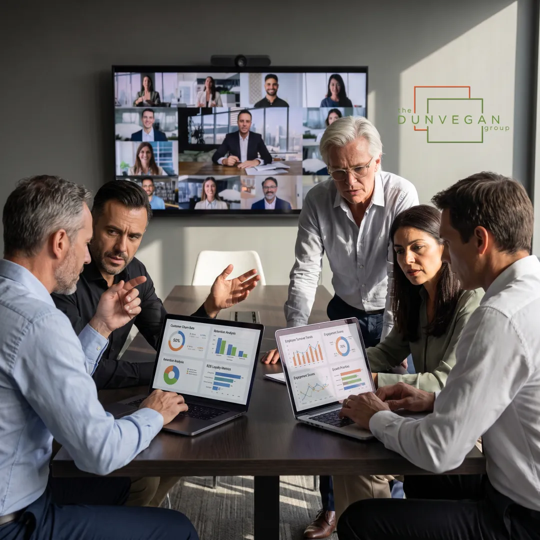 Consultants analyzing B2B retention data