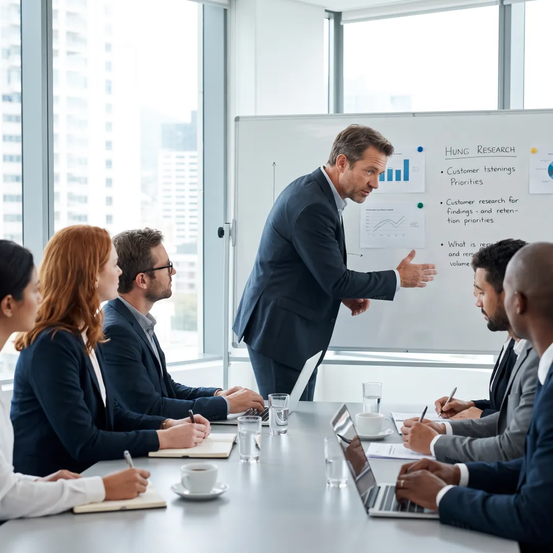 Consultant presenting customer retention findings to business leaders