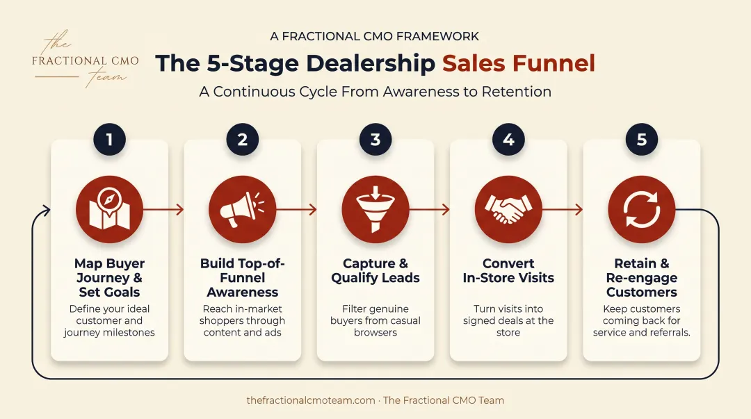 5-step process flow to build automotive dealership sales funnel
