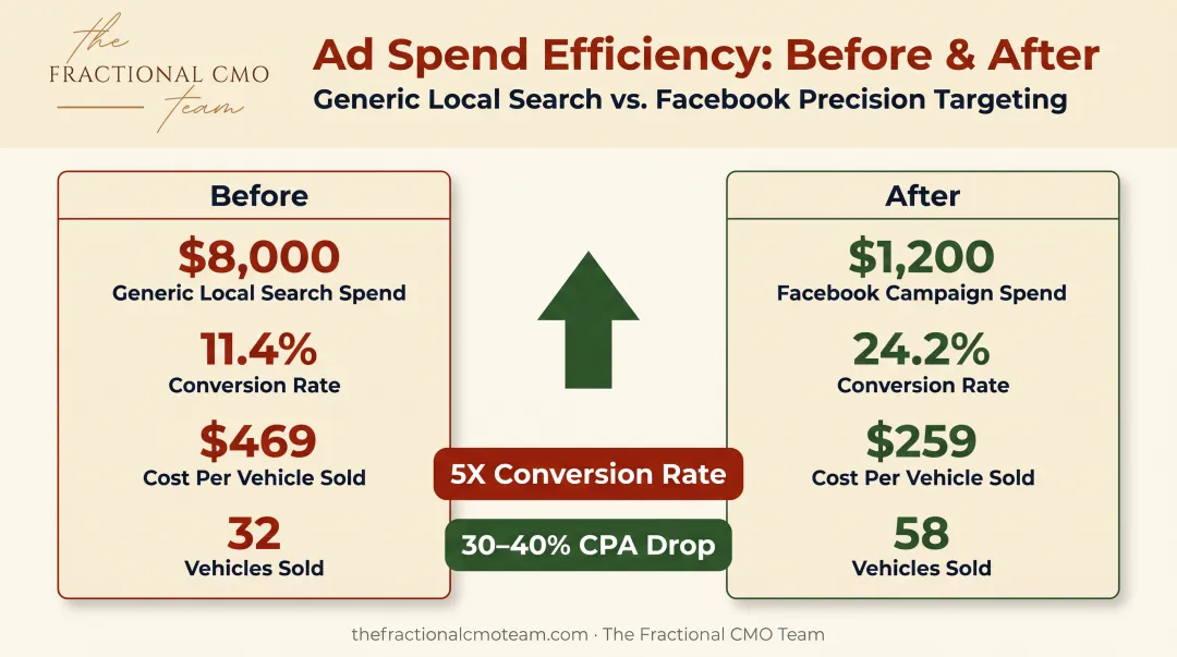 Dollars to Deals case study results comparing before and after ad spend metrics