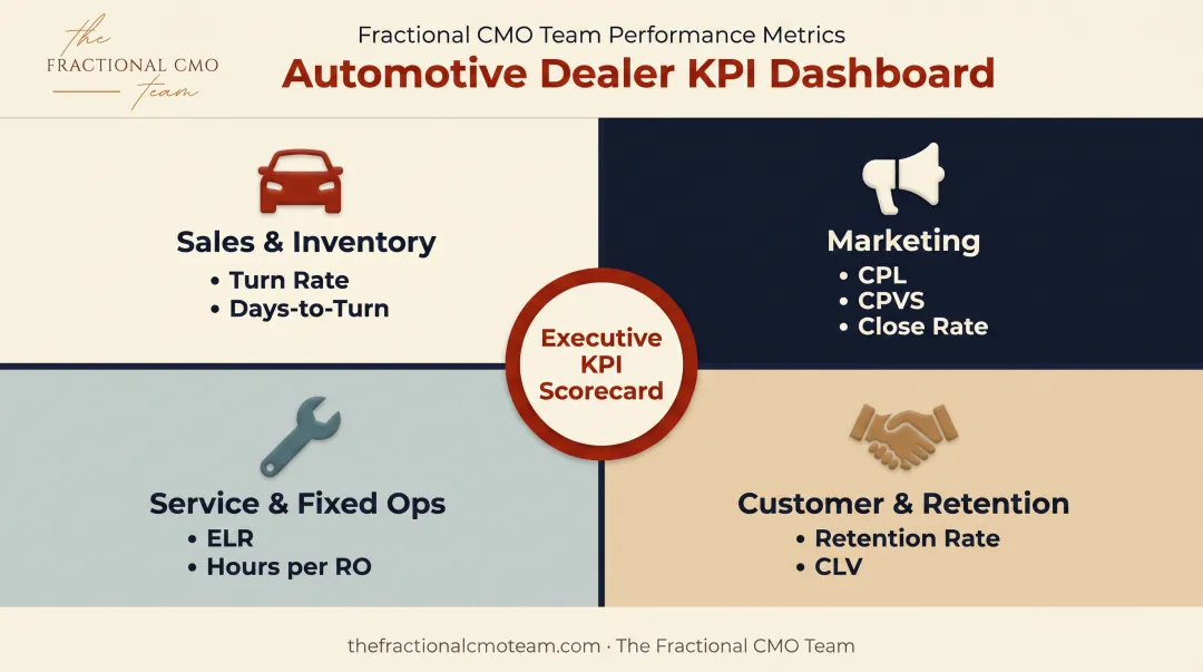 Four dealership KPI categories spanning sales marketing service and retention
