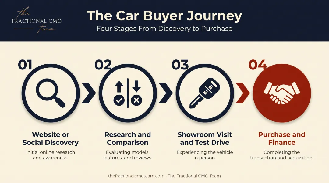 Four-stage car buyer journey from discovery to purchase completion