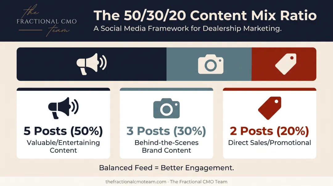 Instagram 5-3-2 content ratio rule for dealership social feeds