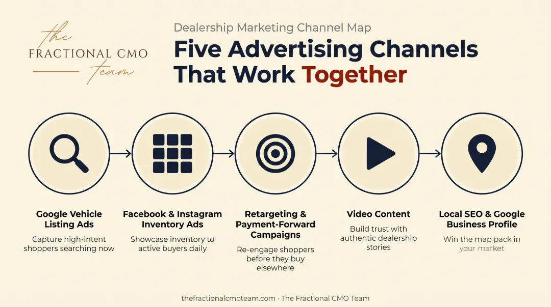 Five core car dealership advertising channels comparison infographic flow