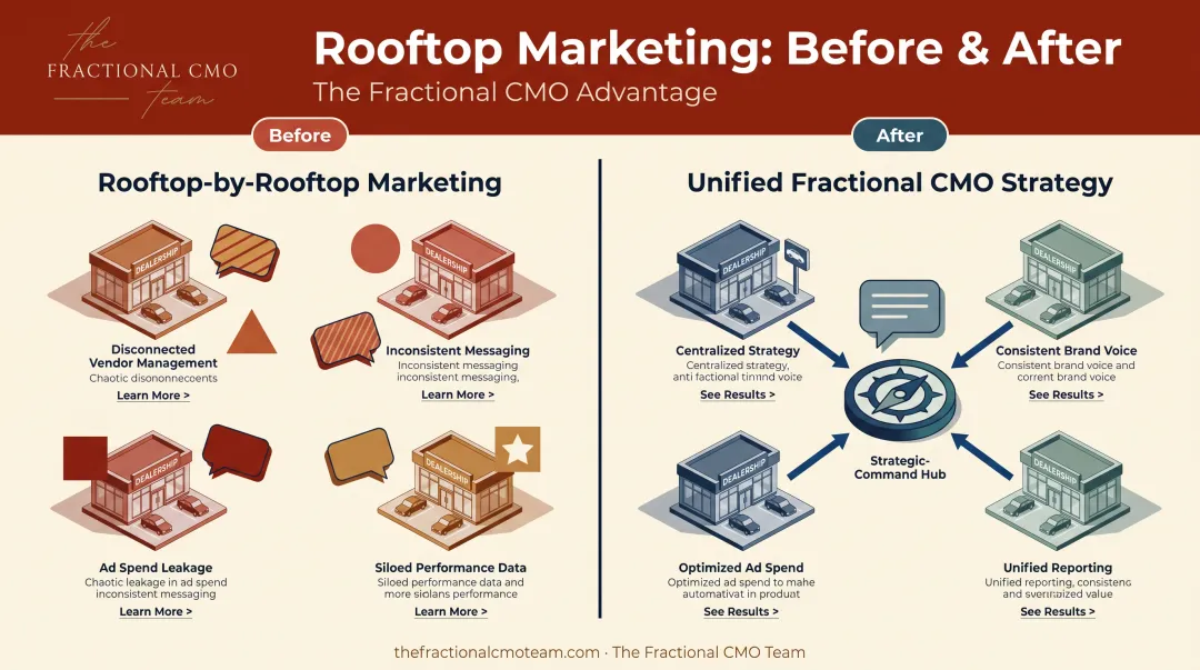 Fragmented dealership marketing versus unified fractional CMO strategy comparison