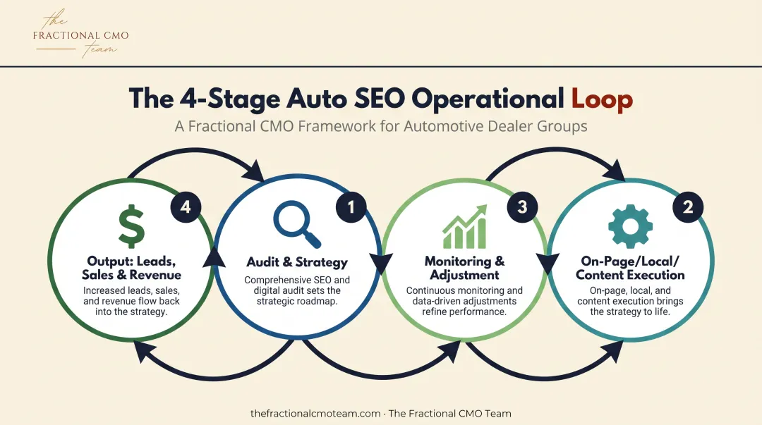 Auto SEO service operational cycle from audit to measurable results