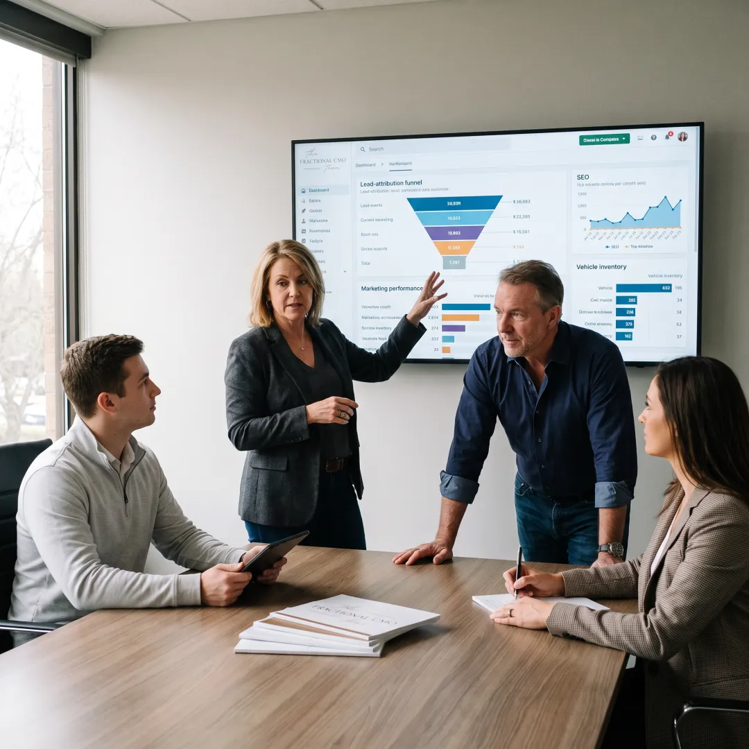 Dealership team reviewing local SEO results