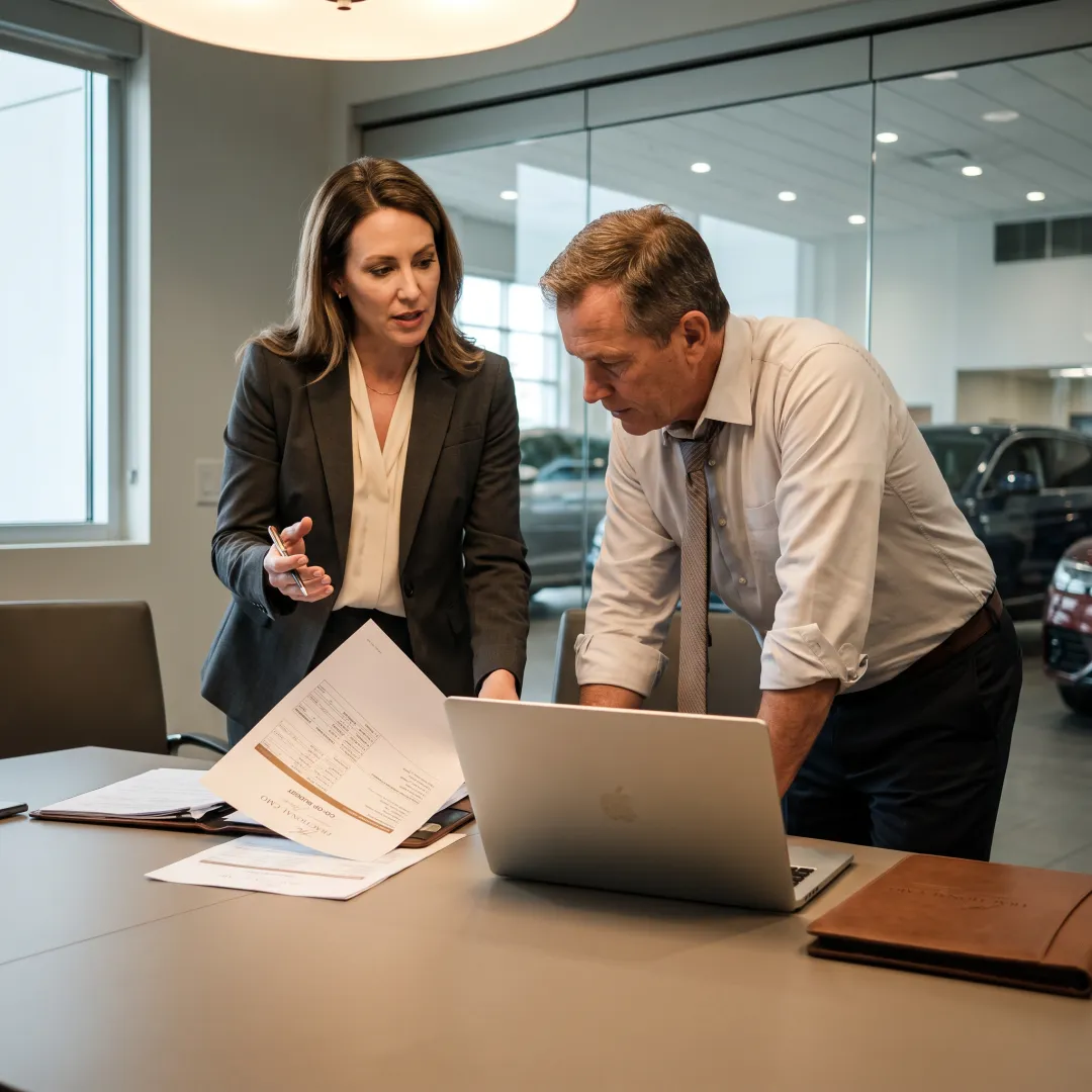 Automotive marketing strategist reviewing co-op advertising reports