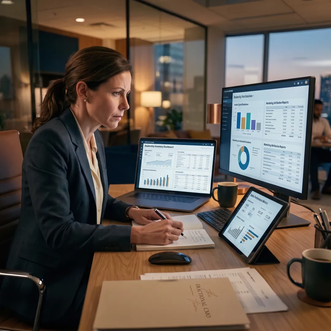 Automotive marketing strategist reviewing dealership data