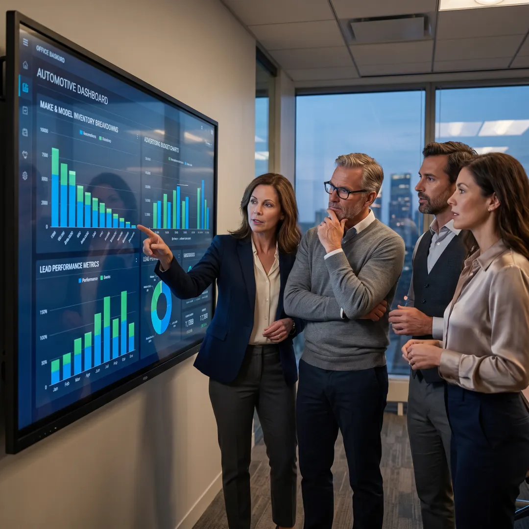 Dealership team planning an inventory-based marketing campaign