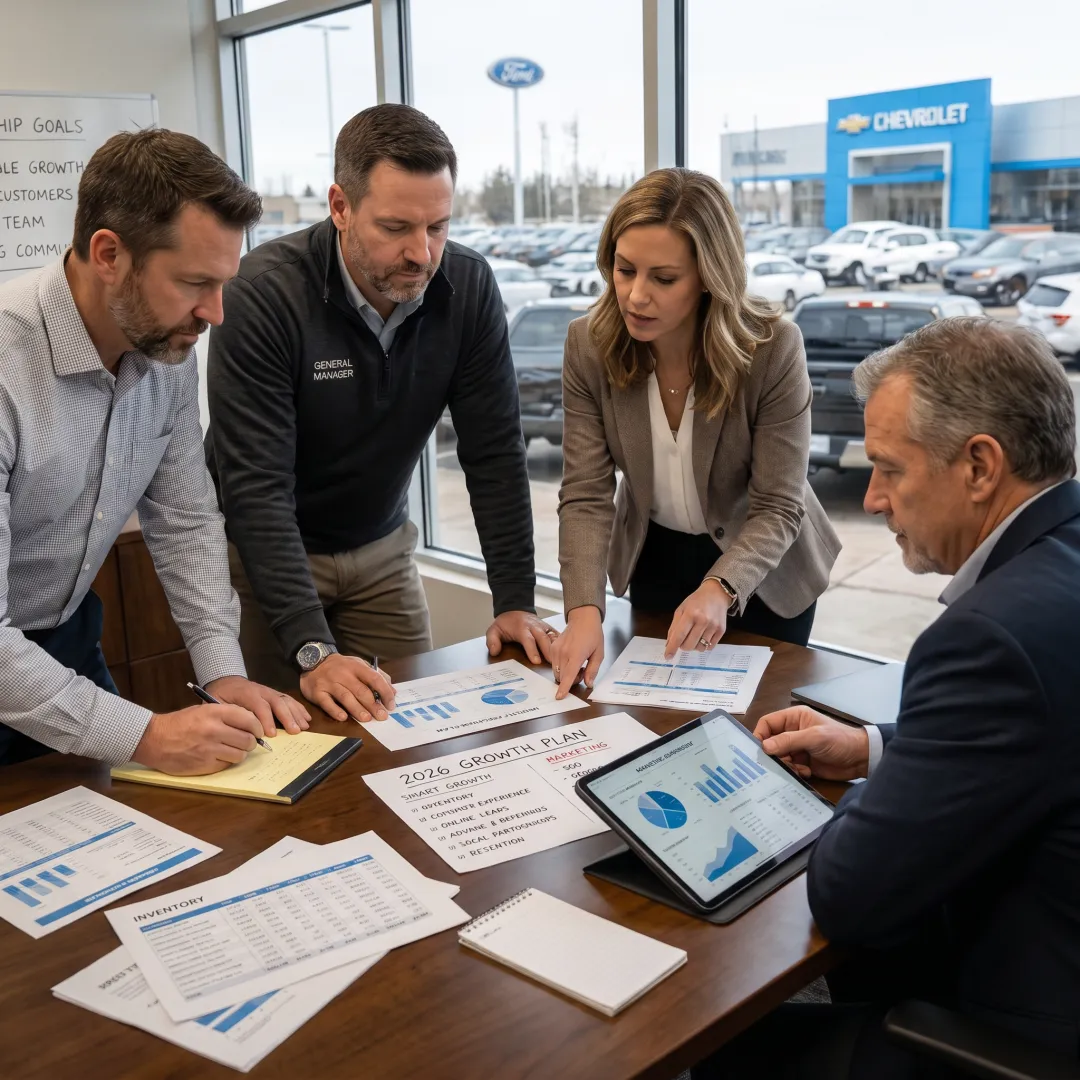 Dealership team reviewing a unified marketing strategy