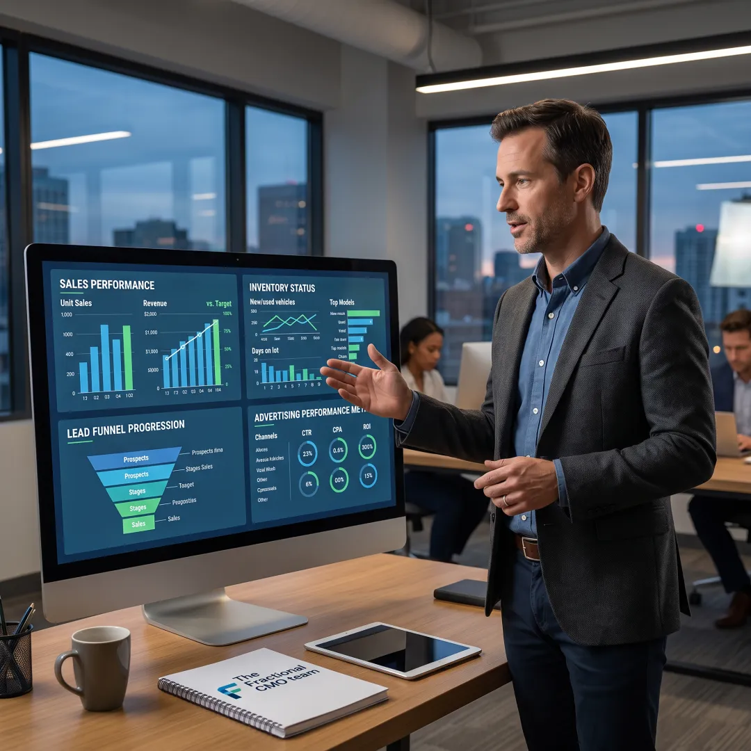 Marketing strategist reviewing dealership performance dashboard