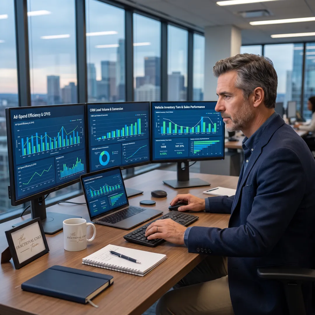 Consultant reviewing automotive marketing and sales metrics