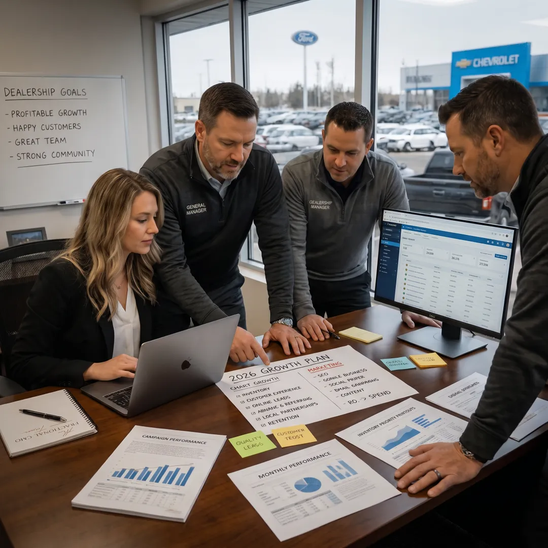 Automotive marketing team planning dealership digital campaigns