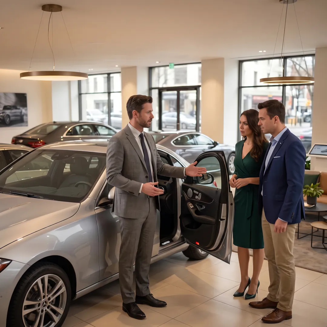 Sales professional presenting vehicle features on video